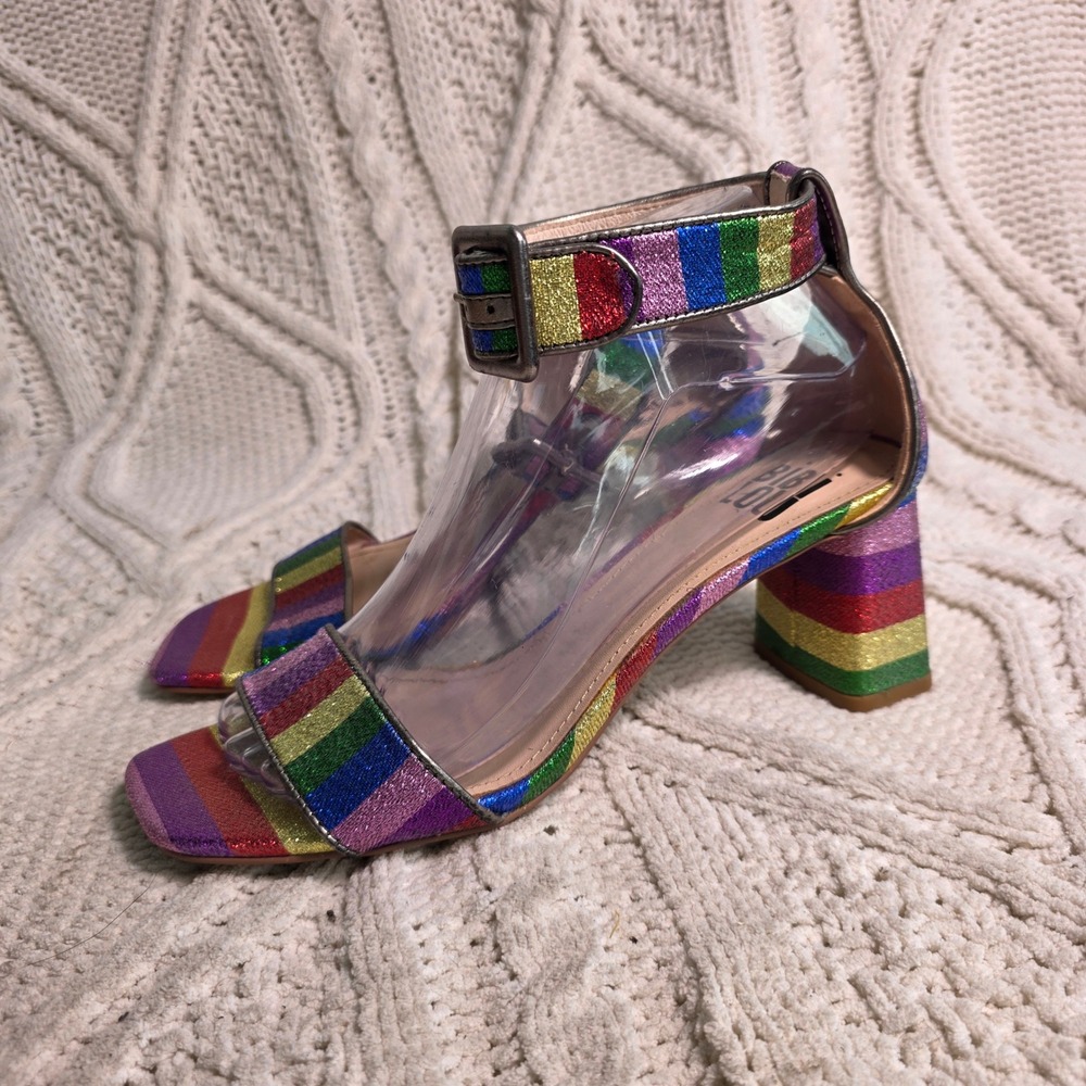 Anthropologie Bibi Lou Rainbow Glitter Sandals Leather Womens 38 7 7.5 Excellent